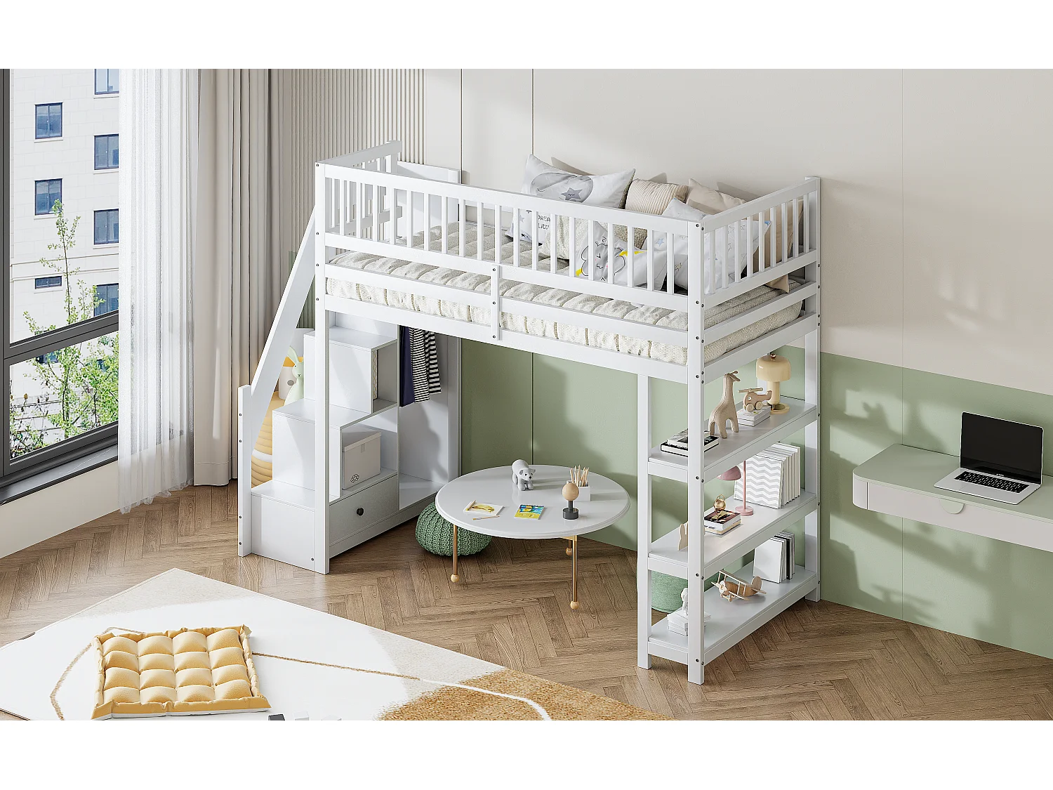 Lit mezzanine multifonction 90x200cm avec armoire, étagères, rangement, escalier sécurisé, bois massif blanc (245.5x101x159.5 cm)