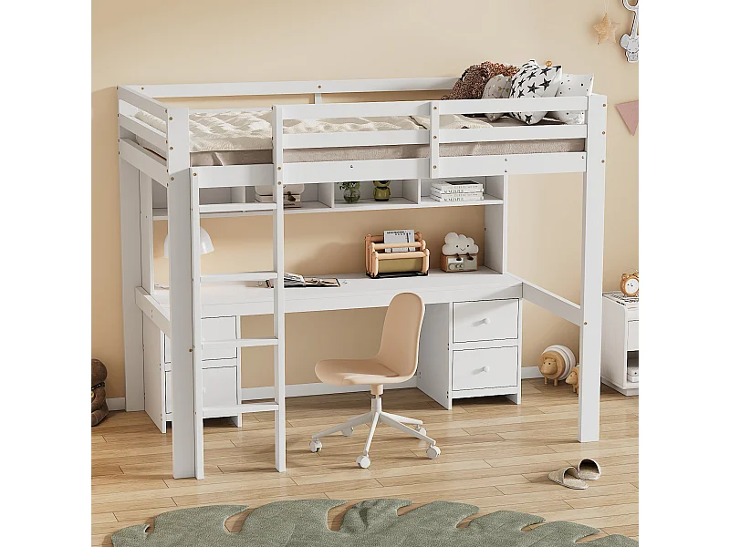 Hoogslaper 90x200cm, met bureau eronder, veel opbergruimte, hoge leuning, stabiele trap, wit (204x97x167 cm)