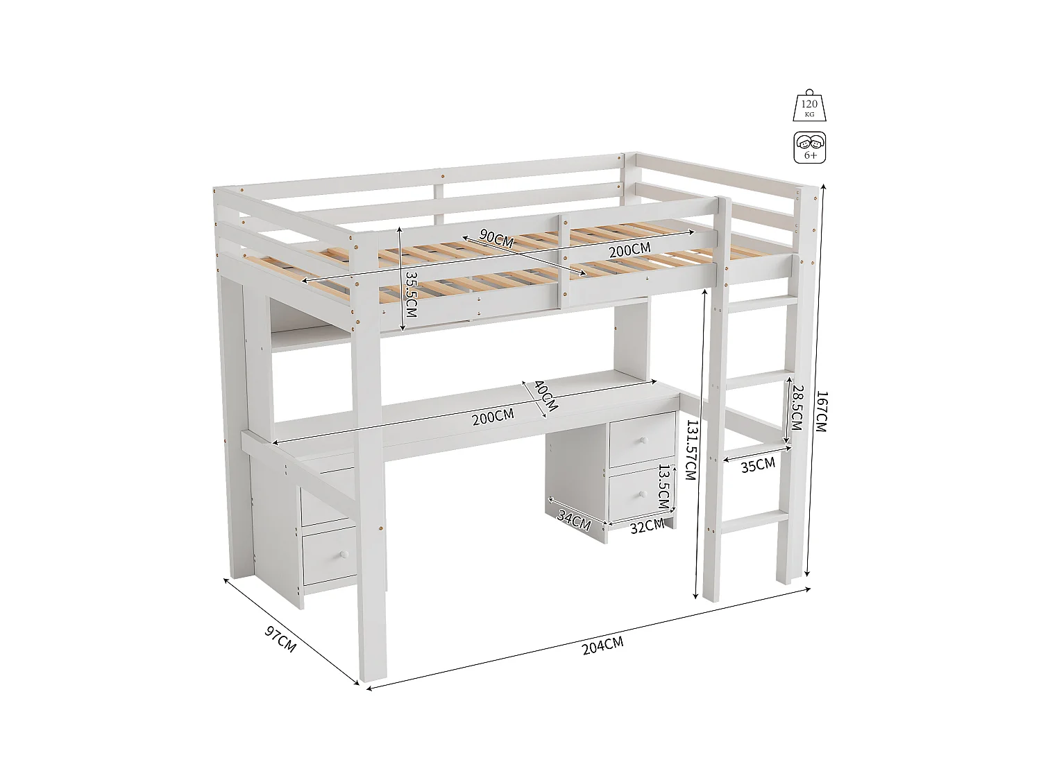 Lit mezzanine 90x200cm, avec bureau en bas, grand espace de rangement, garde-corps élevé, échelle stable, blanc (204x97x167 cm)