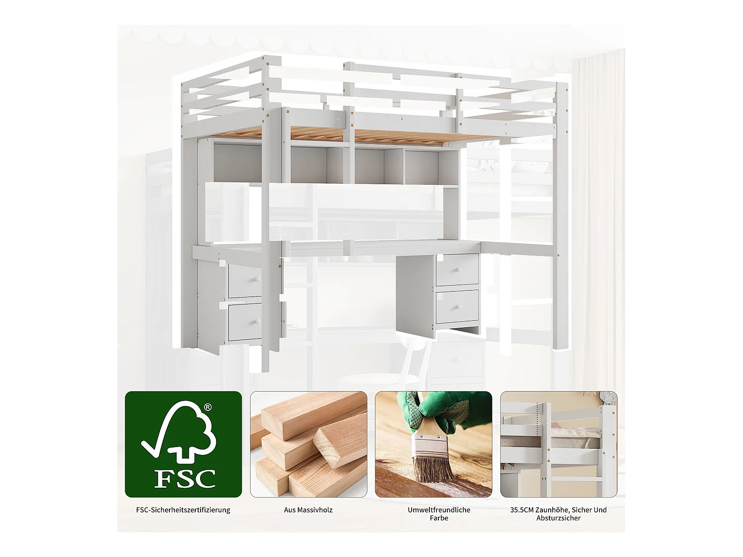 Lit mezzanine 90x200cm, avec bureau en bas, grand espace de rangement, garde-corps élevé, échelle stable, blanc (204x97x167 cm)