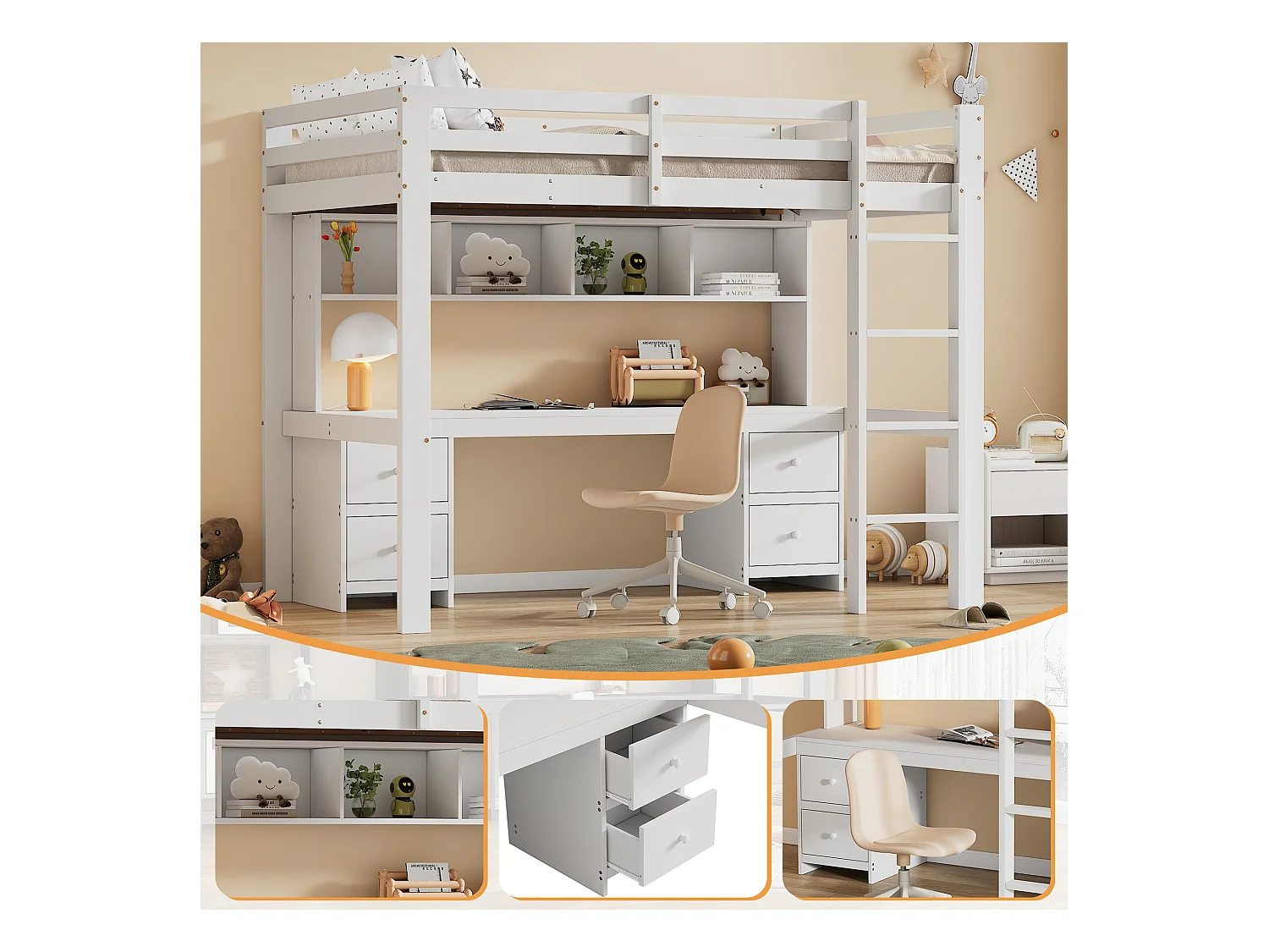 Lit mezzanine 90x200cm, avec bureau en bas, grand espace de rangement, garde-corps élevé, échelle stable, blanc (204x97x167 cm)