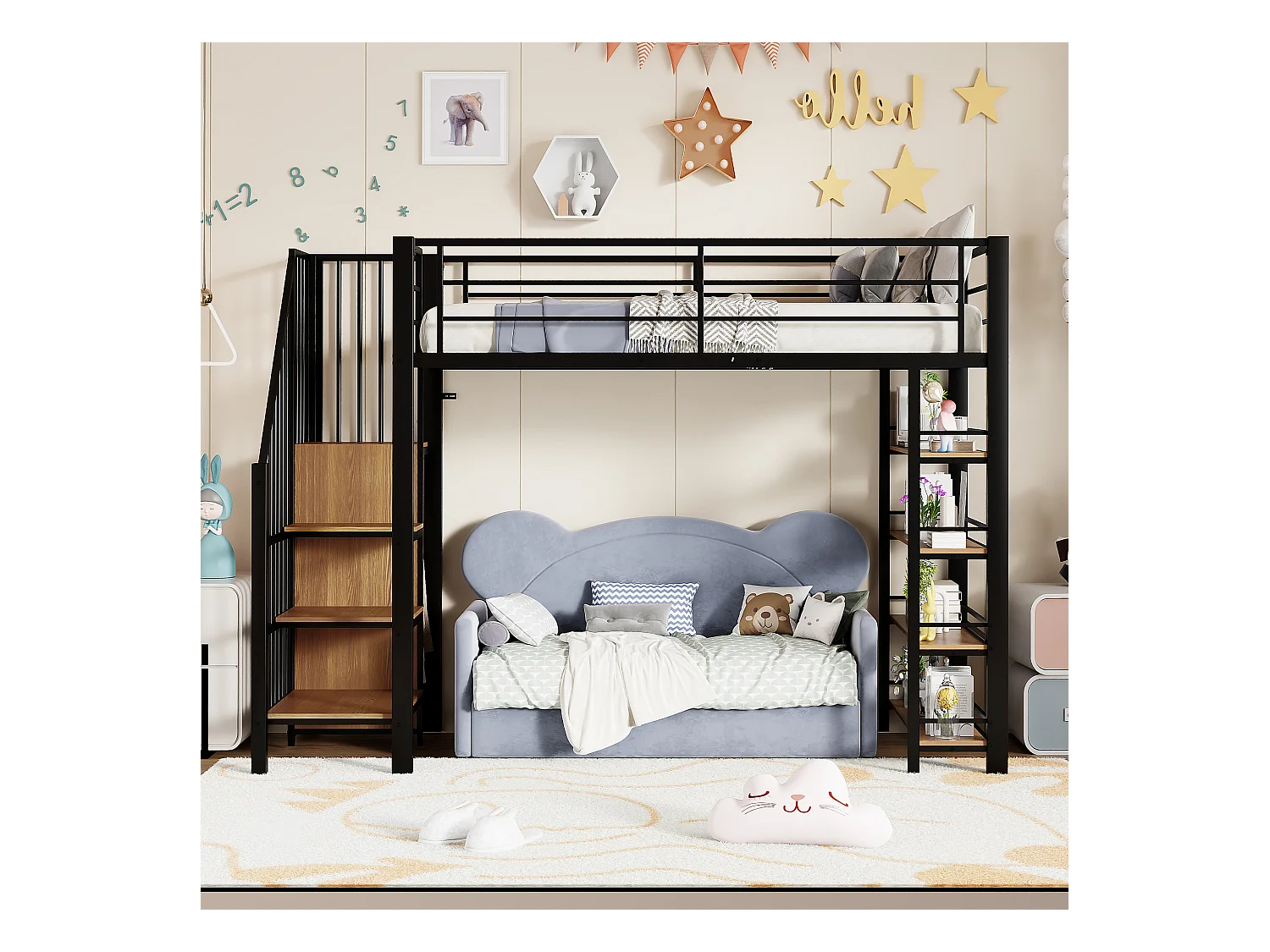 Lit mezzanine enfant - 90 x 200 - avec escalier + rangements + étagères - MDF + métal - noir