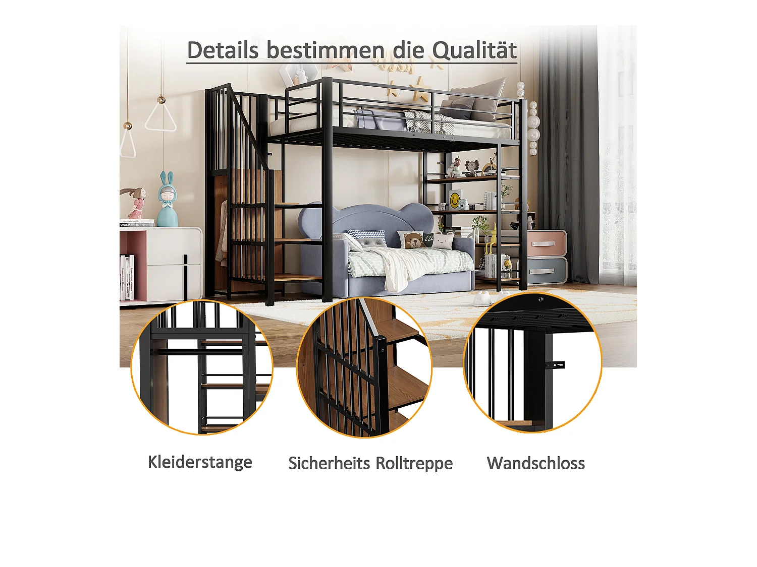 Lit mezzanine enfant - 90 x 200 - avec escalier + rangements + étagères - MDF + métal - noir