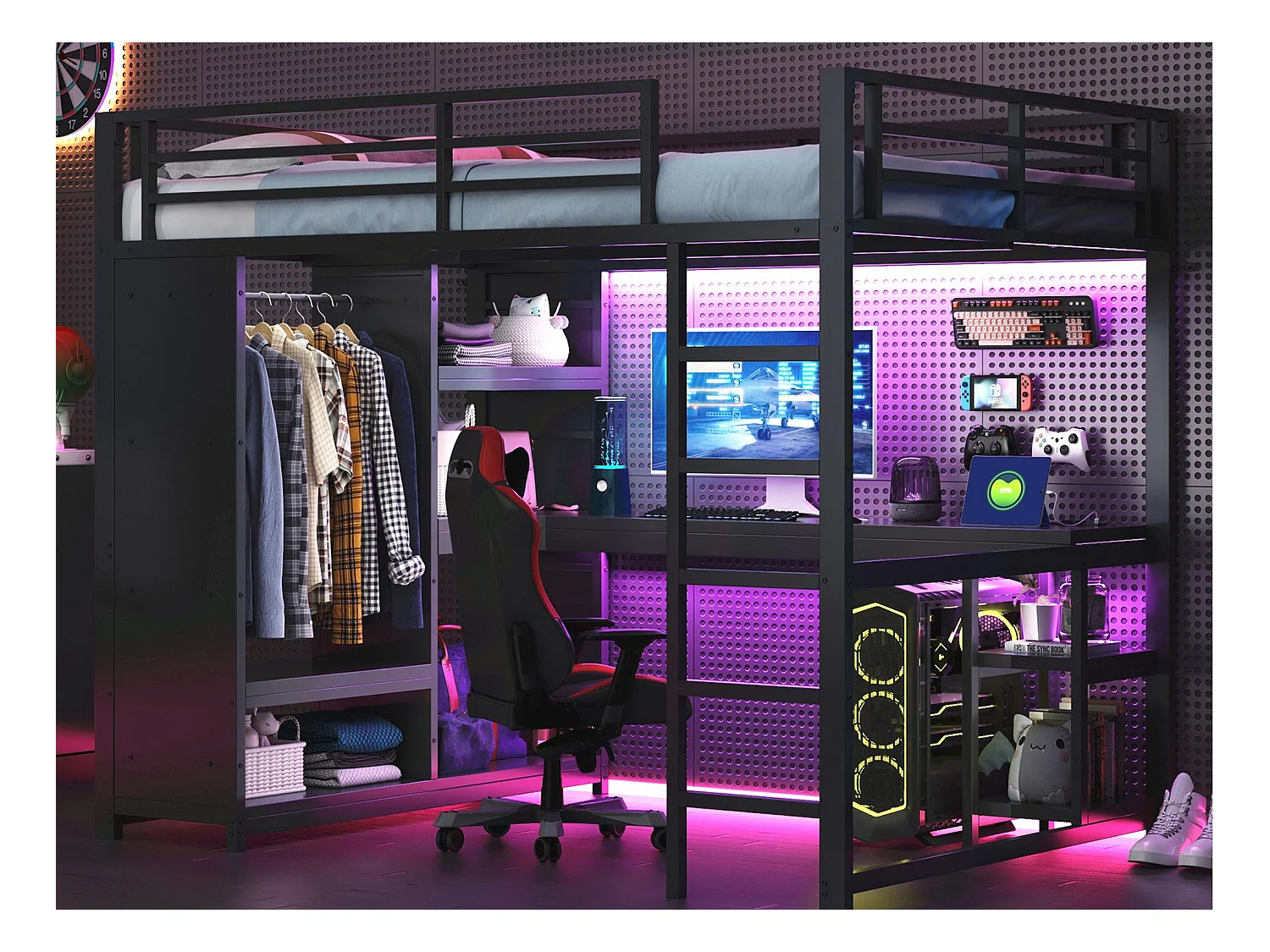 Lit mezzanine 140x200cm - avec LED - avec bureau et armoire ouverte - Métal - Noir(sans matelas)