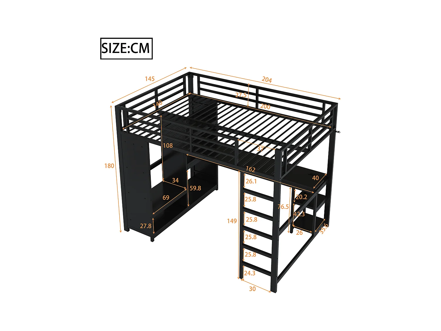 Lit mezzanine 140x200cm - avec LED - avec bureau et armoire ouverte - Métal - Noir(sans matelas)