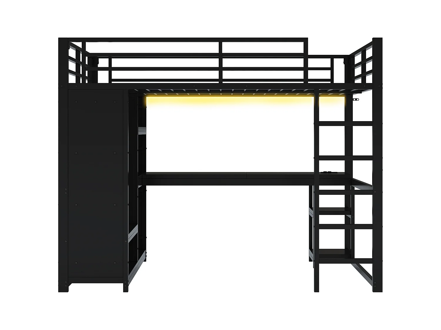 Lit mezzanine 140x200cm - avec LED - avec bureau et armoire ouverte - Métal - Noir(sans matelas)