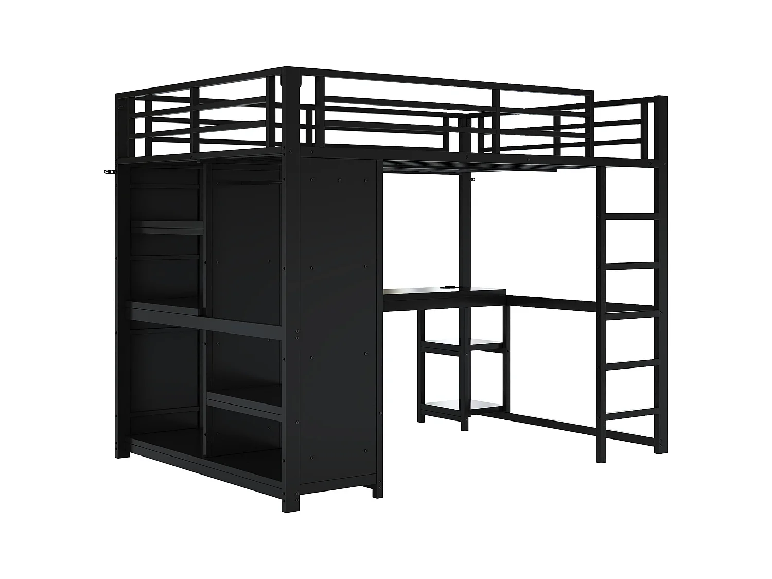 Lit mezzanine 140x200cm - avec LED - avec bureau et armoire ouverte - Métal - Noir(sans matelas)