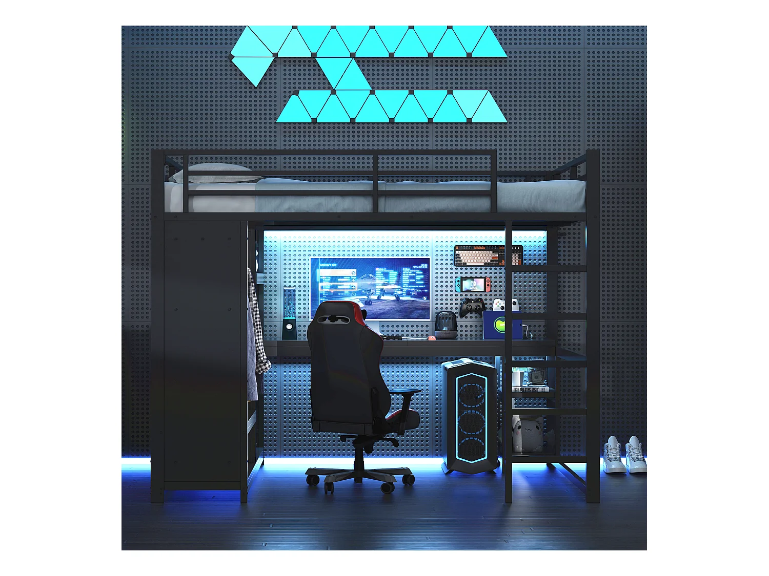 Hochbett 140×200 cm - mit LED - mit Schreibtisch und offenem Kleiderschrank - Metall - Schwarz (ohne Matratze)