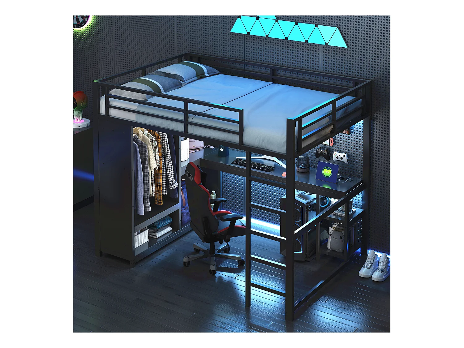 Hochbett 140×200 cm - mit LED - mit Schreibtisch und offenem Kleiderschrank - Metall - Schwarz (ohne Matratze)