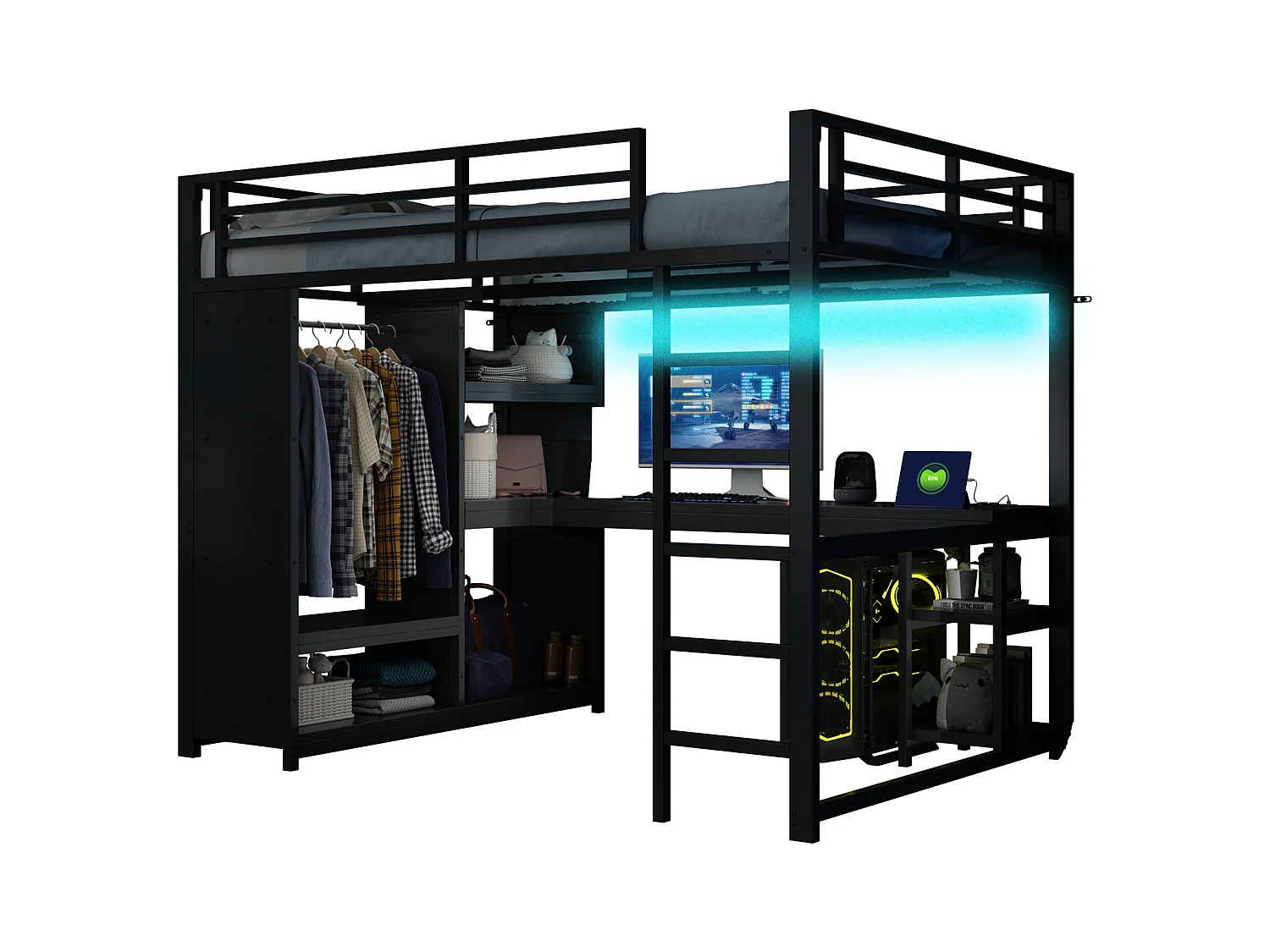 Hochbett 140×200 cm - mit LED - mit Schreibtisch und offenem Kleiderschrank - Metall - Schwarz (ohne Matratze)