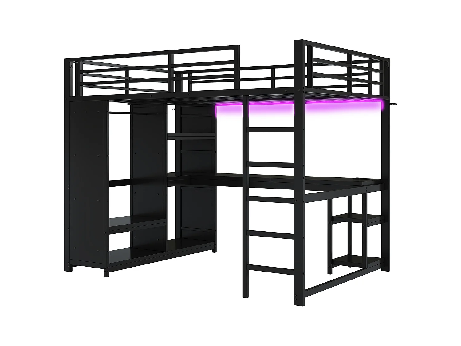 Hochbett 140×200 cm - mit LED - mit Schreibtisch und offenem Kleiderschrank - Metall - Schwarz (ohne Matratze)