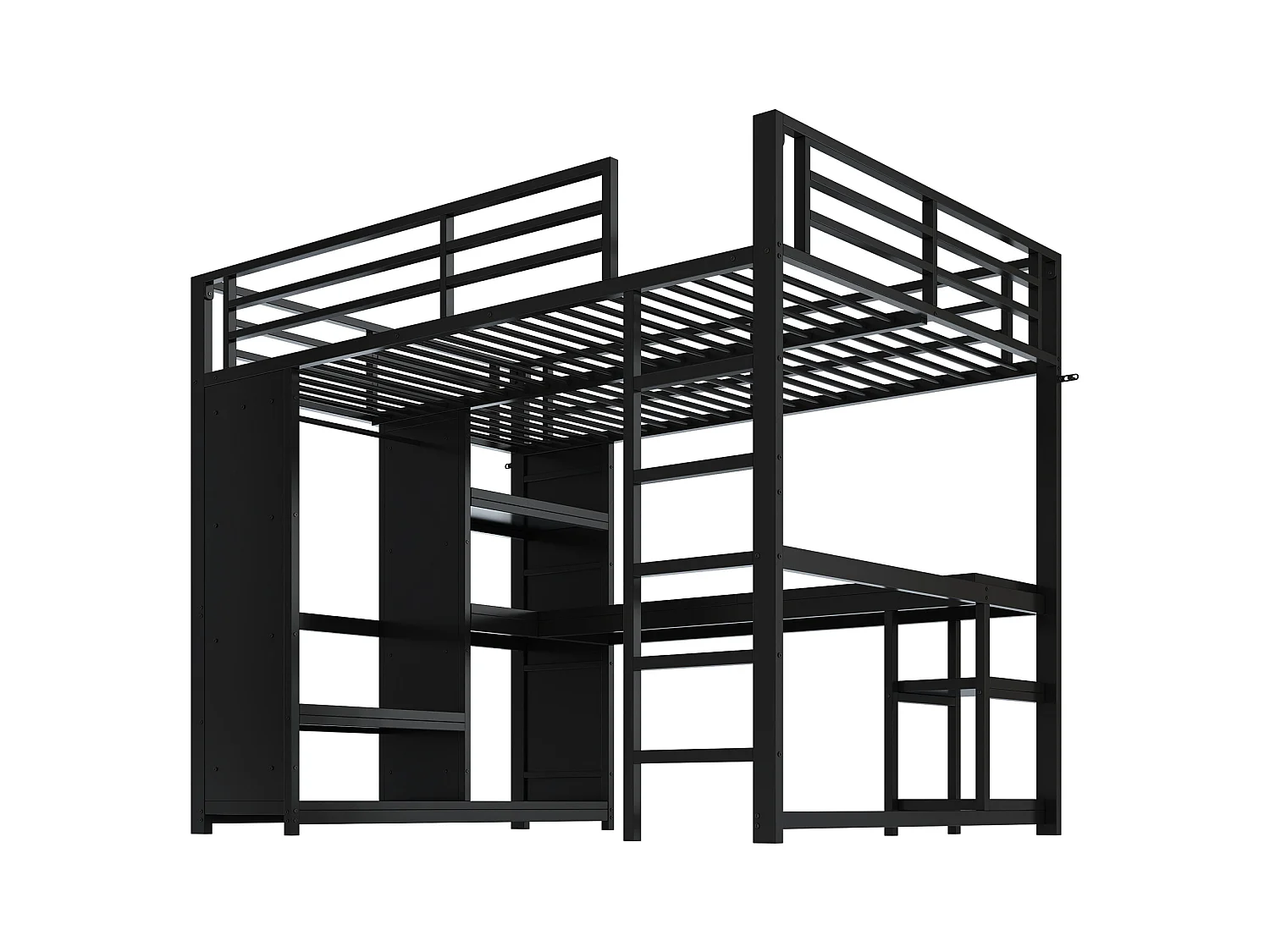 Hochbett 140×200 cm - mit LED - mit Schreibtisch und offenem Kleiderschrank - Metall - Schwarz (ohne Matratze)