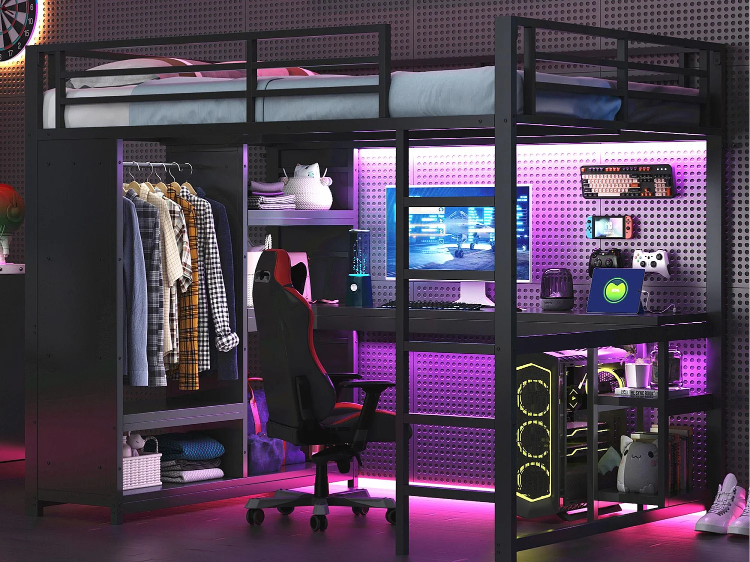 Lit mezzanine 140x200cm - avec LED - avec bureau et armoire ouverte - Métal - Noir(sans matelas)