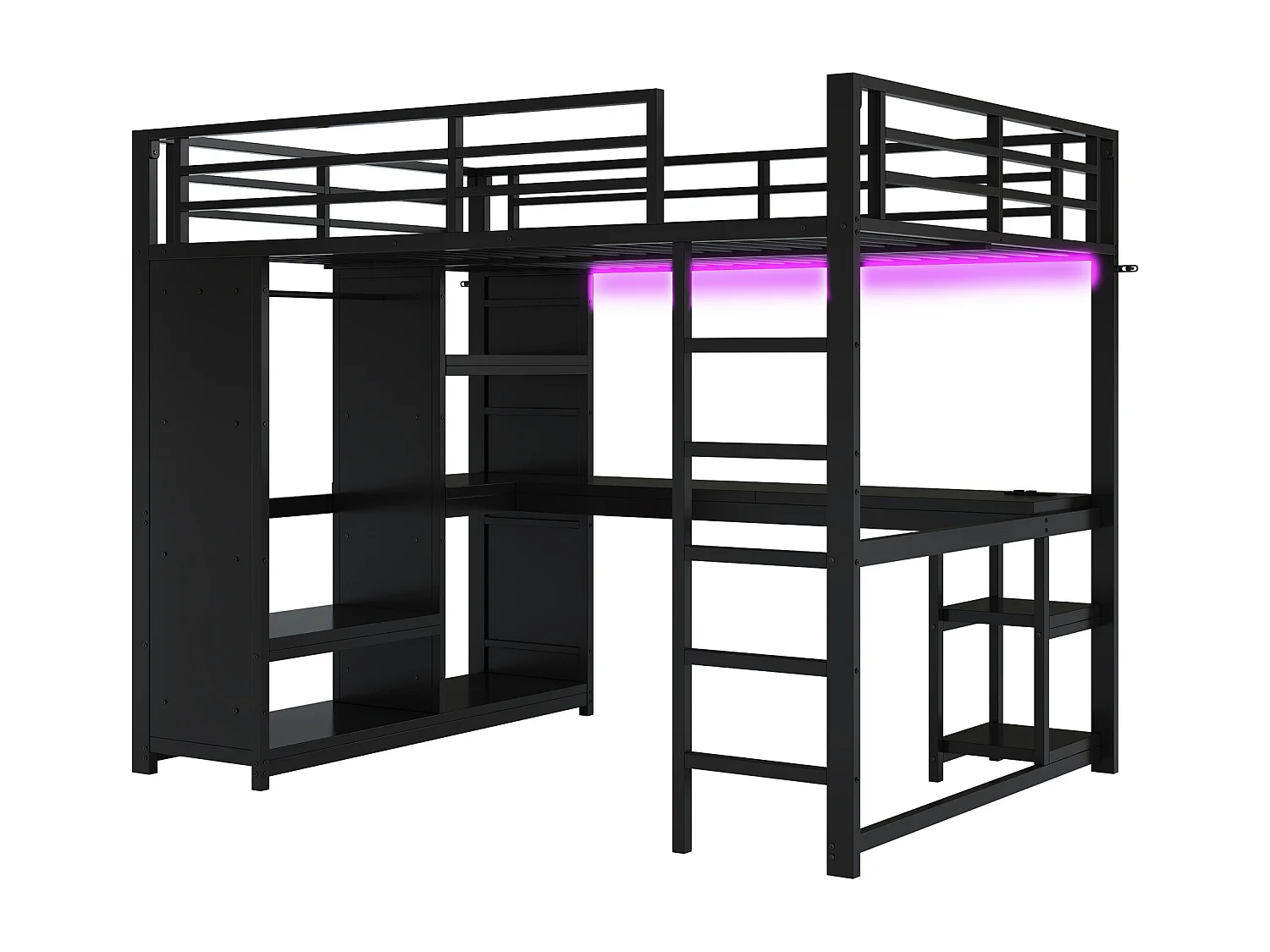 Lit mezzanine 140x200cm - avec LED - avec bureau et armoire ouverte - Métal - Noir(sans matelas)