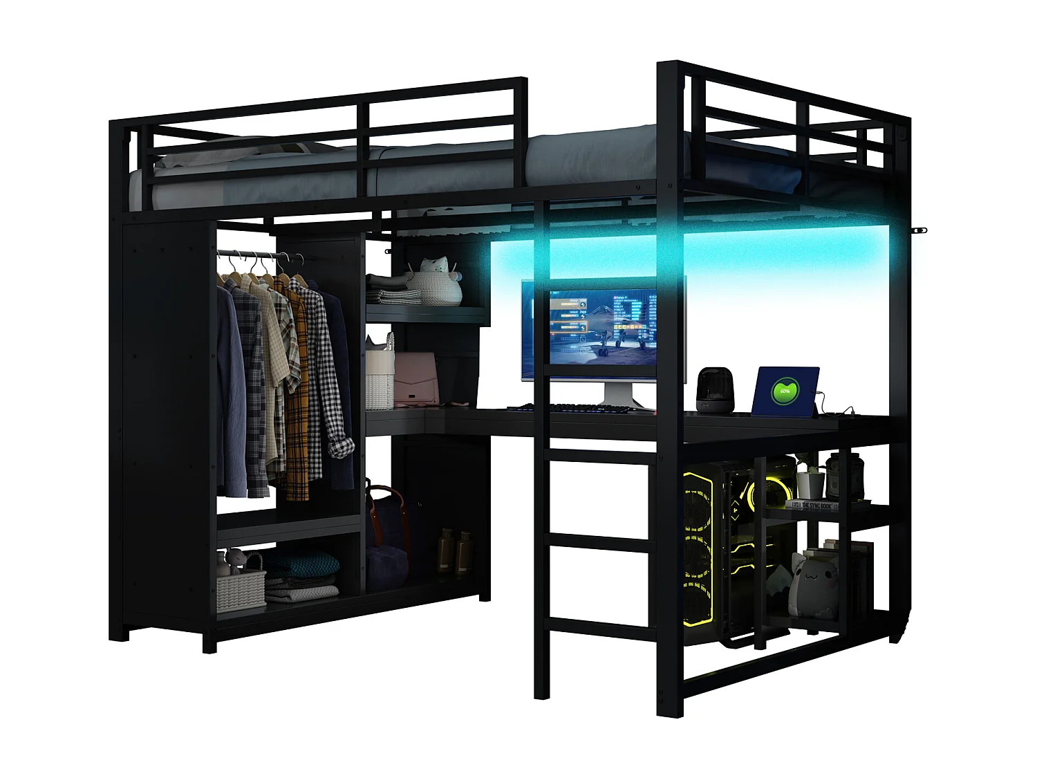 Lit mezzanine 140x200cm - avec LED - avec bureau et armoire ouverte - Métal - Noir(sans matelas)