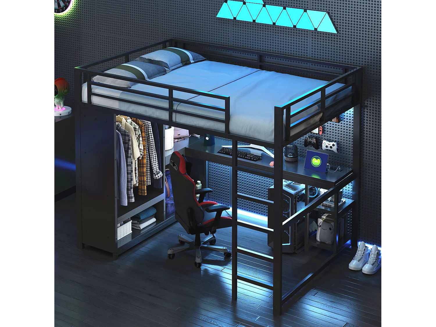 Lit mezzanine 140x200cm - avec LED - avec bureau et armoire ouverte - Métal - Noir(sans matelas)