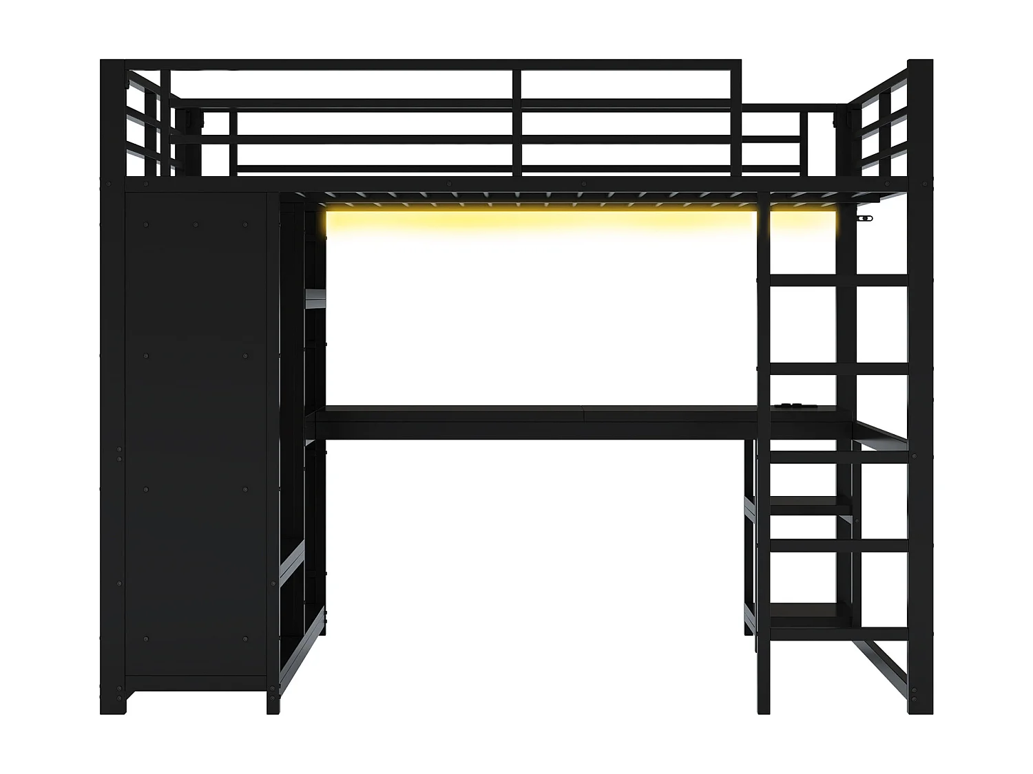 Lit mezzanine 140x200cm - avec LED - avec bureau et armoire ouverte - Métal - Noir(sans matelas)