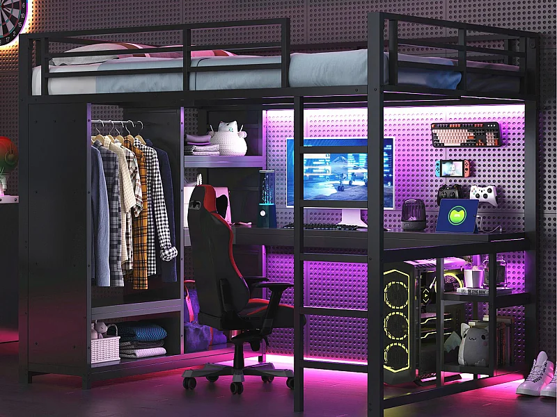 Hochbett 140×200 cm - mit LED - mit Schreibtisch und offenem Kleiderschrank - Metall - Schwarz (ohne Matratze)