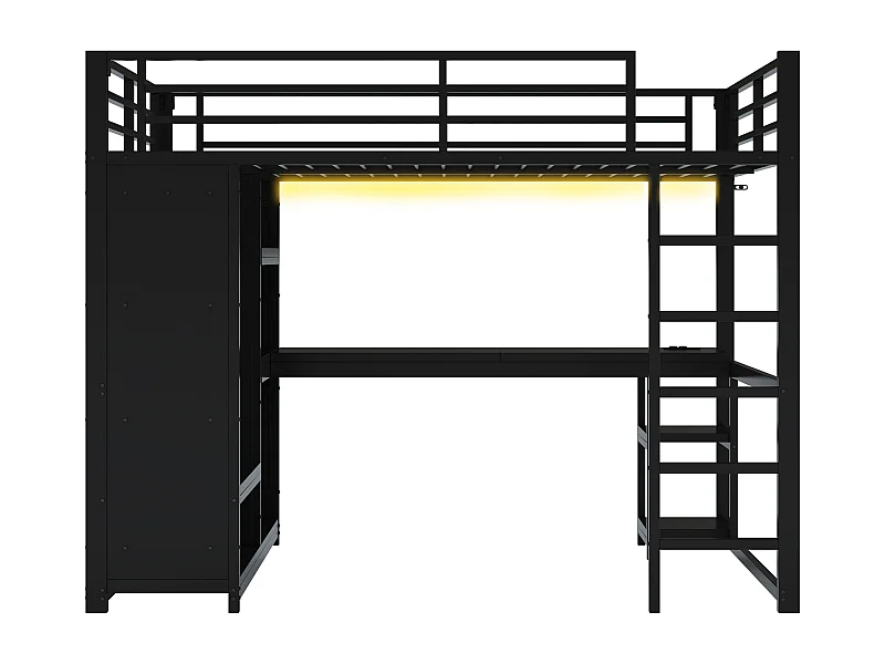 Letto soppalcato 140×200 cm - con LED - con scrivania e guardaroba aperto - Metallo - Nero (senza materasso)
