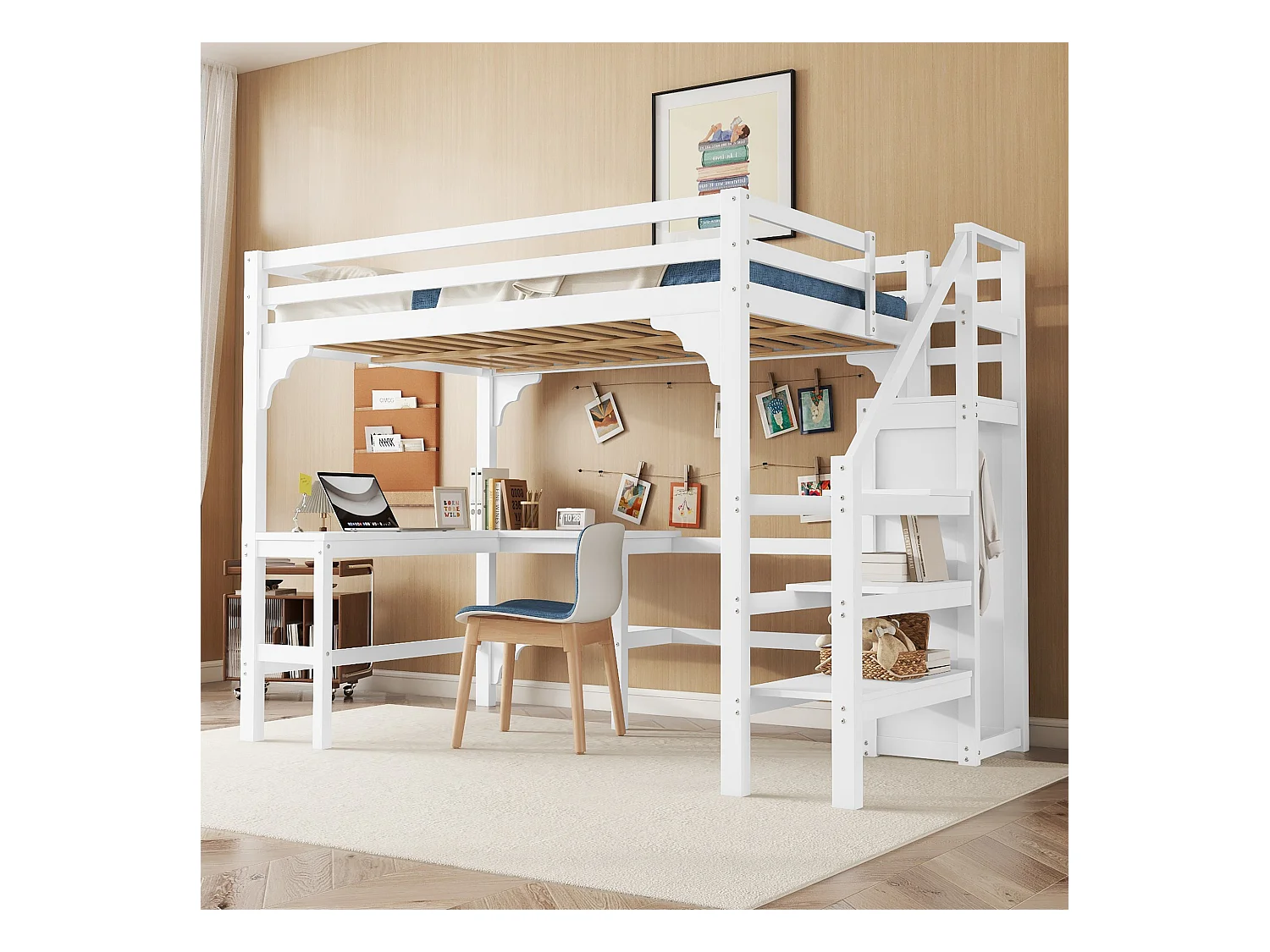 Letto a soppalco 140x200 cm, scrivania a L, armadio a giorno, legno di pino, stile minimalista, bianco (245x145x175 cm)