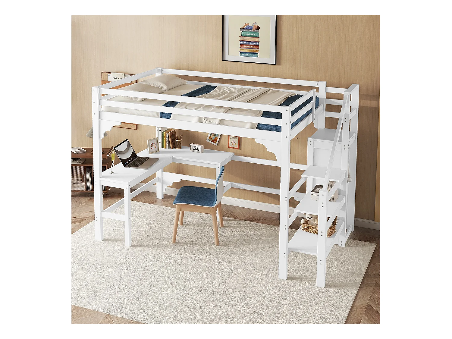 Letto a soppalco 140x200 cm, scrivania a L, armadio a giorno, legno di pino, stile minimalista, bianco (245x145x175 cm)