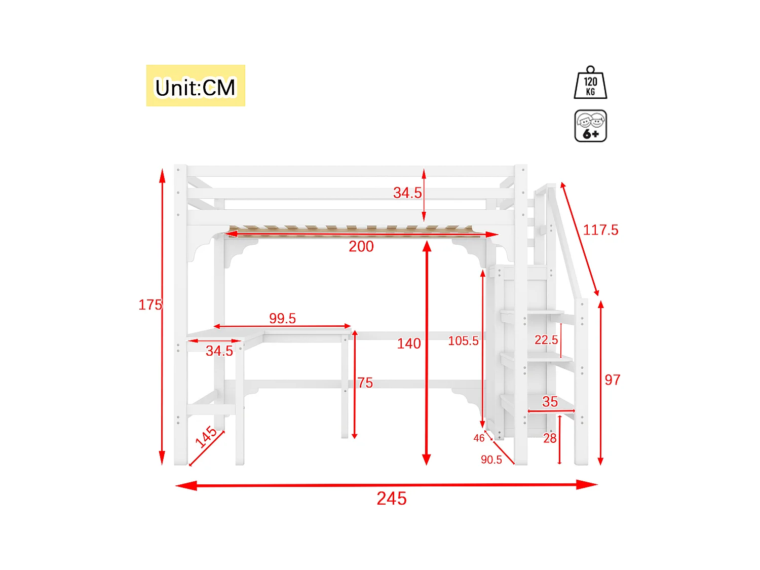 Letto a soppalco 140x200 cm, scrivania a L, armadio a giorno, legno di pino, stile minimalista, bianco (245x145x175 cm)