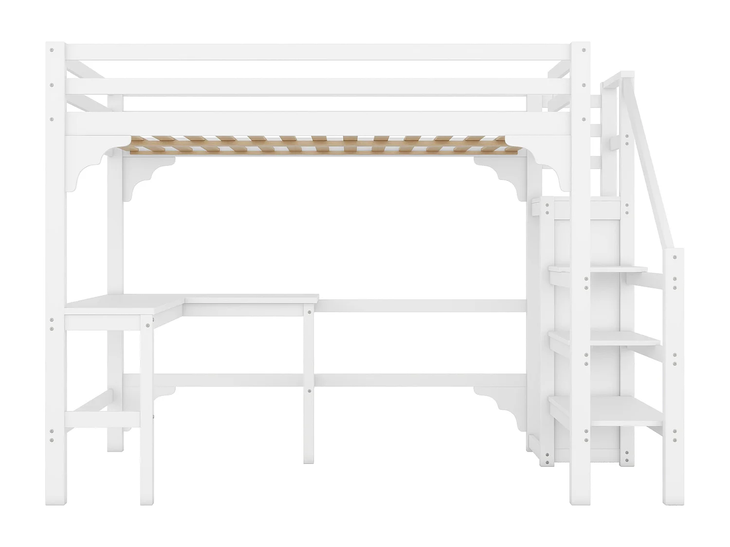 Letto a soppalco 140x200 cm, scrivania a L, armadio a giorno, legno di pino, stile minimalista, bianco (245x145x175 cm)