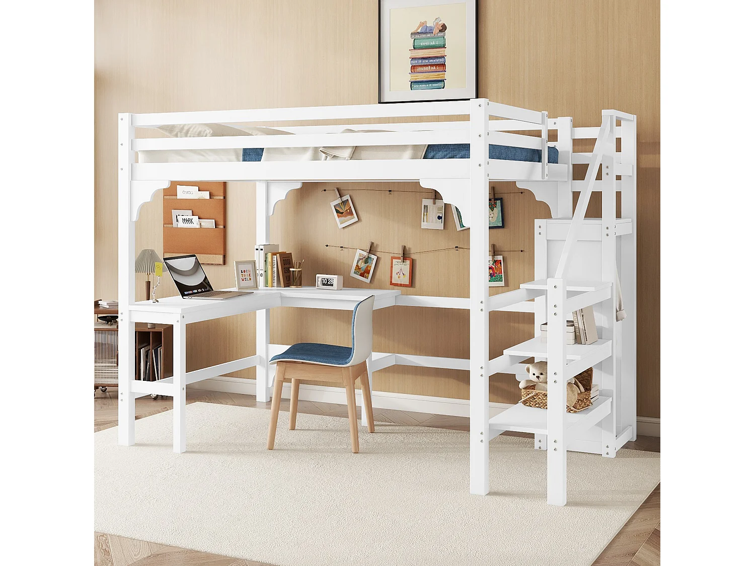 Letto a soppalco 140x200 cm, scrivania a L, armadio a giorno, legno di pino, stile minimalista, bianco (245x145x175 cm)