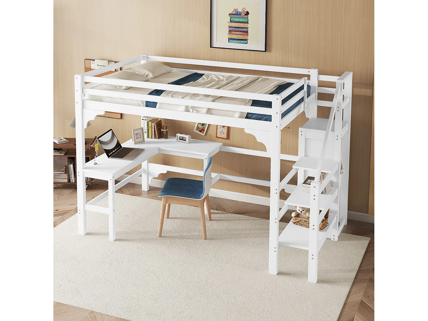 Letto a soppalco 140x200 cm, scrivania a L, armadio a giorno, legno di pino, stile minimalista, bianco (245x145x175 cm)