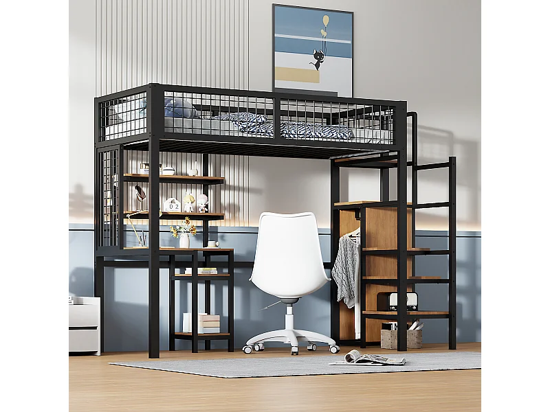Cama alta de 90x200 con escalera de seguridad, escritorio y armario integrados, estructura de metal, color negro (249x95x180 cm)