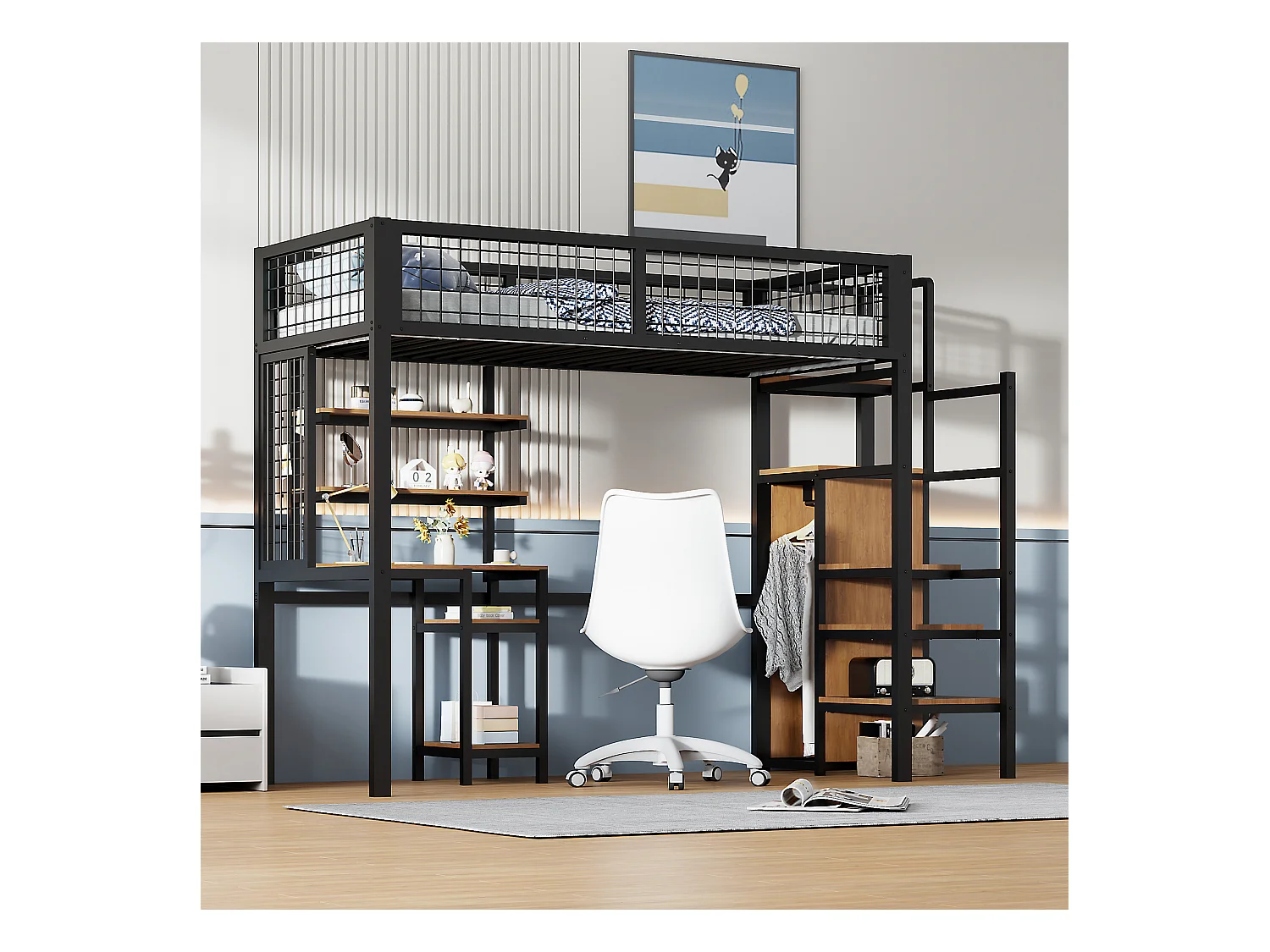 Letto a soppalco 90x200 con scaletta di sicurezza, scrivania e armadio integrati, struttura in metallo, nero (249x95x180 cm)