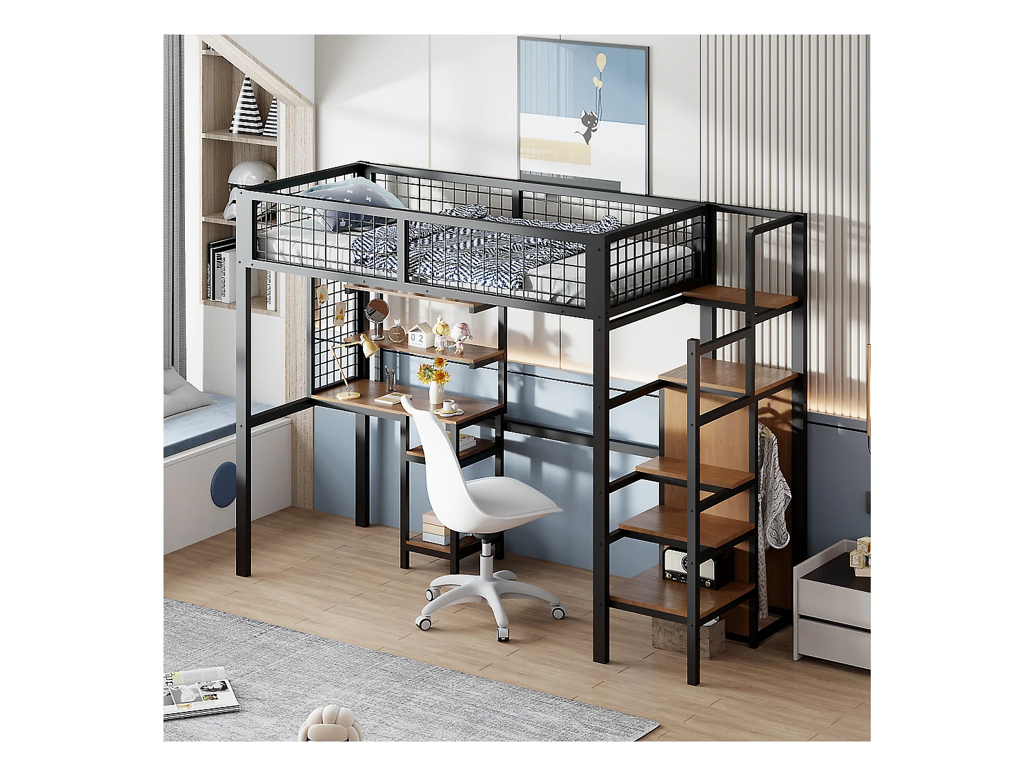 Letto a soppalco 90x200 con scaletta di sicurezza, scrivania e armadio integrati, struttura in metallo, nero (249x95x180 cm)