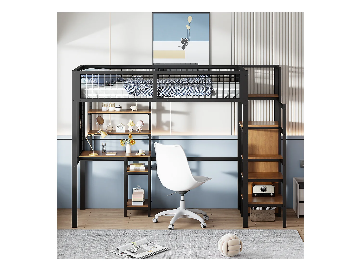 Letto a soppalco 90x200 con scaletta di sicurezza, scrivania e armadio integrati, struttura in metallo, nero (249x95x180 cm)