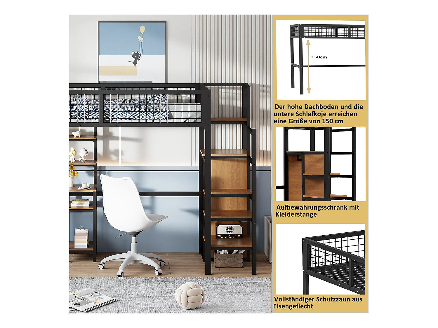 Letto a soppalco 90x200 con scaletta di sicurezza, scrivania e armadio integrati, struttura in metallo, nero (249x95x180 cm)