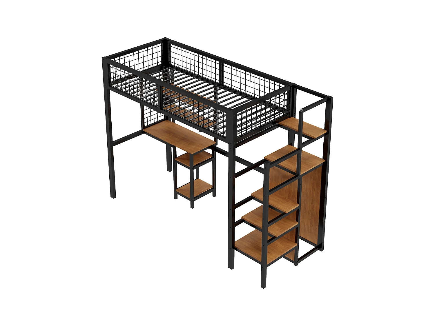 Letto a soppalco 90x200 con scaletta di sicurezza, scrivania e armadio integrati, struttura in metallo, nero (249x95x180 cm)