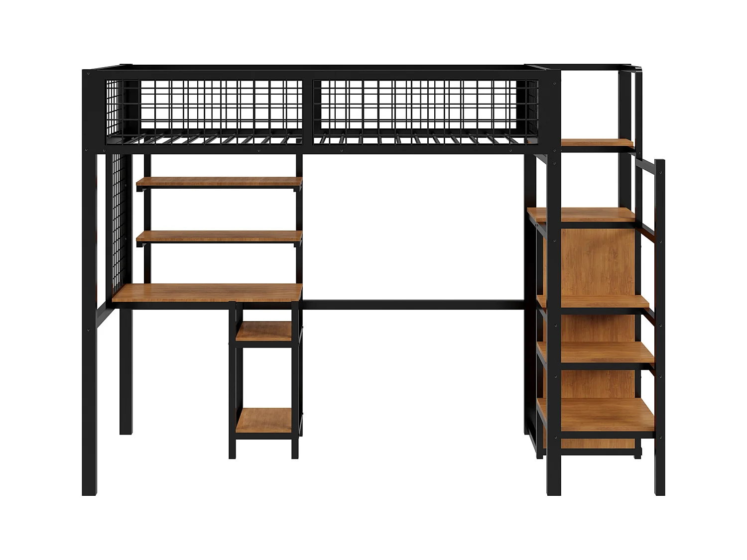 Letto a soppalco 90x200 con scaletta di sicurezza, scrivania e armadio integrati, struttura in metallo, nero (249x95x180 cm)