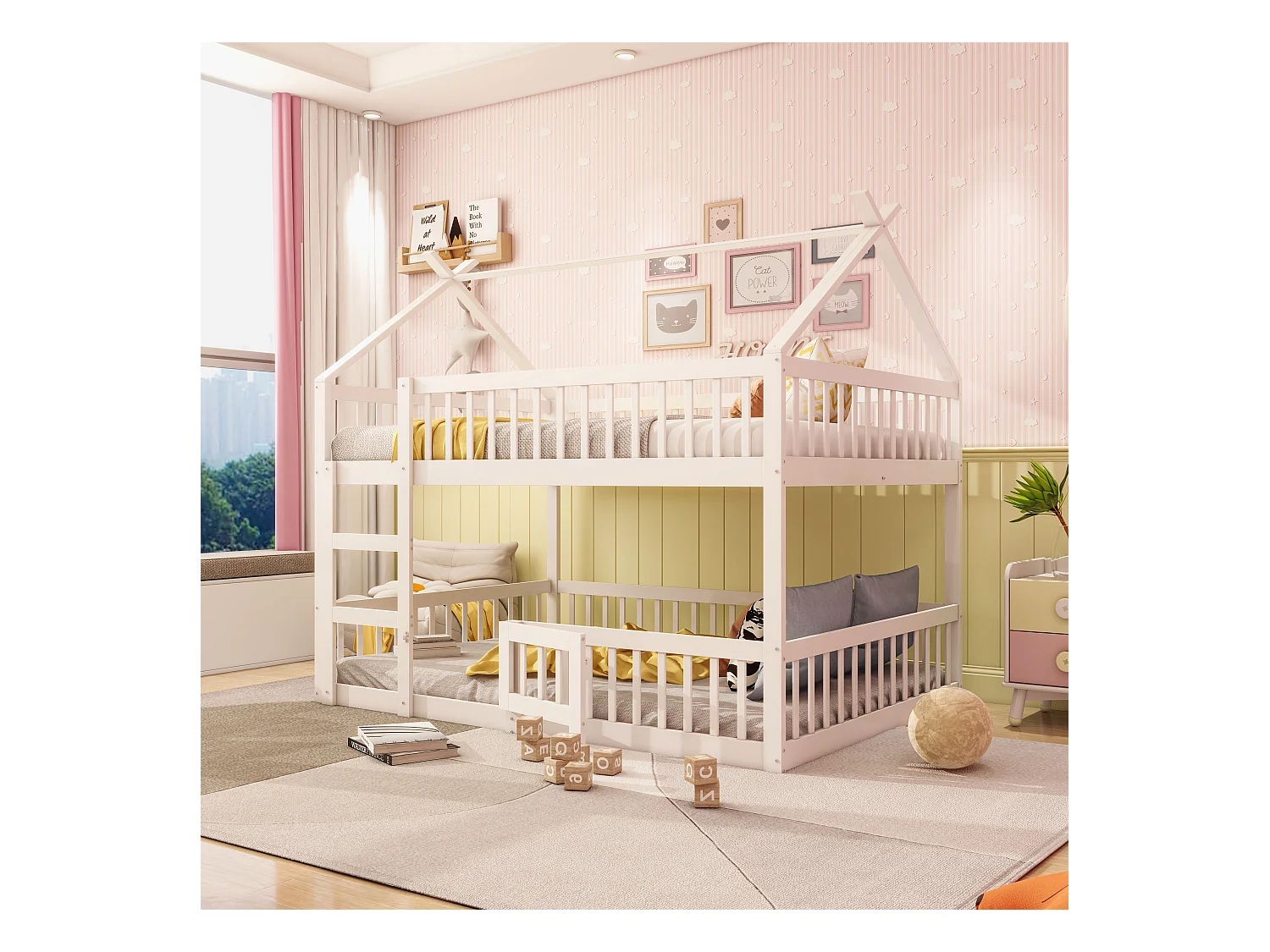 Kinderstapelbed met trap, massief hout, loftdesign, wit (205x145x205 cm)