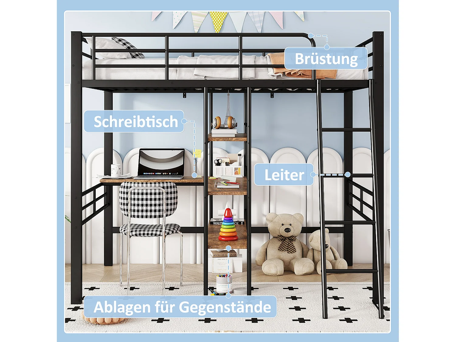 Lit mezzanine 90 x 200 cm, sans matelas, avec bureau, échelle de rangement, barrières de sécurité, cadre en métal, noir (204x134x174 cm)