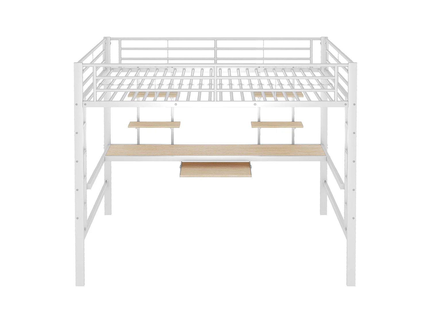 Hoogslaper, 140x200 cm, metalen frame, bureau en planken, wit (204x145x180 cm)