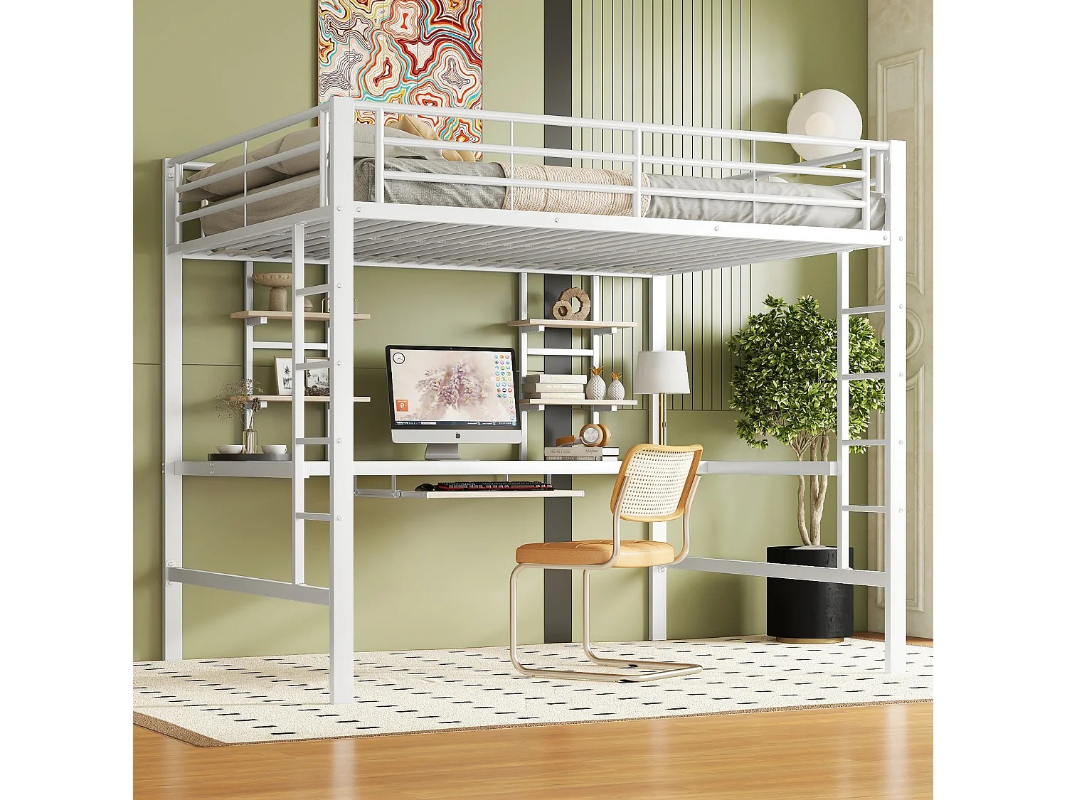 Cama alta, 140x200 cm, estructura de metal, escritorio y estantes, color blanco (204x145x180 cm)