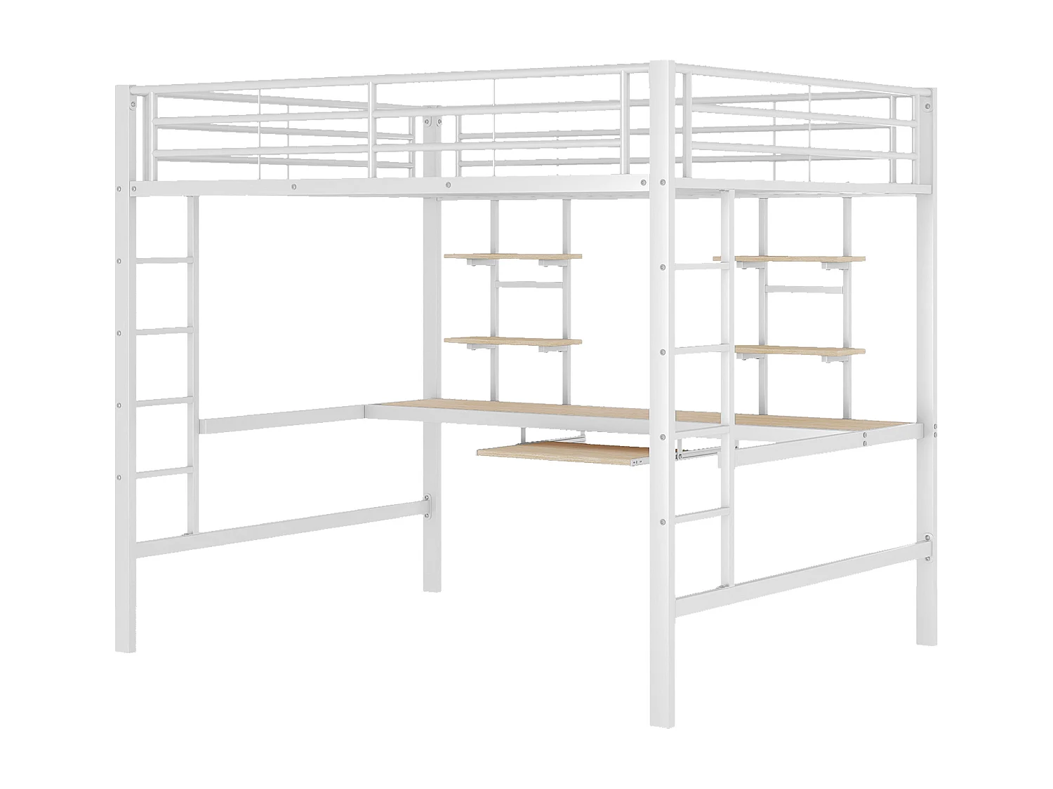 Cama alta, 140x200 cm, estructura de metal, escritorio y estantes, color blanco (204x145x180 cm)