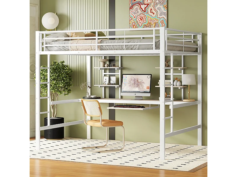 Hoogslaper, 140x200 cm, metalen frame, bureau en planken, wit (204x145x180 cm)