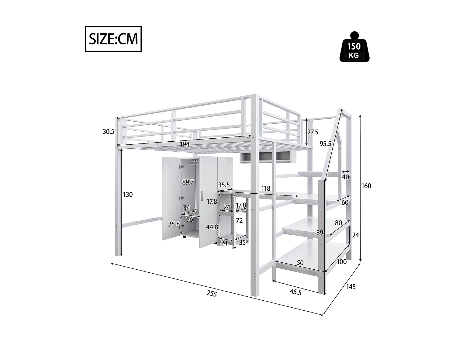 Hoogslaper, 140x200cm, bureau, kledingkast, 3 lades, open opbergruimte, leuning, ladder, zonder matras, Wit (205x145x180 cm)