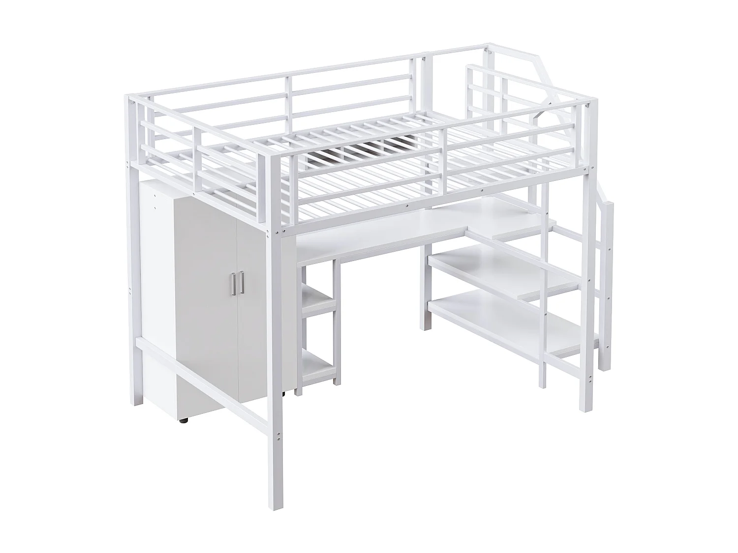Cama alta, 140x200cm, escritorio, armario, 3 cajones, espacio de almacenamiento abierto, barandilla, escalera, sin colchón, Blanco (205x145x180 cm)