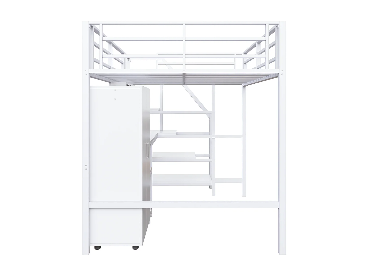 Cama alta, 140x200cm, escritorio, armario, 3 cajones, espacio de almacenamiento abierto, barandilla, escalera, sin colchón, Blanco (205x145x180 cm)