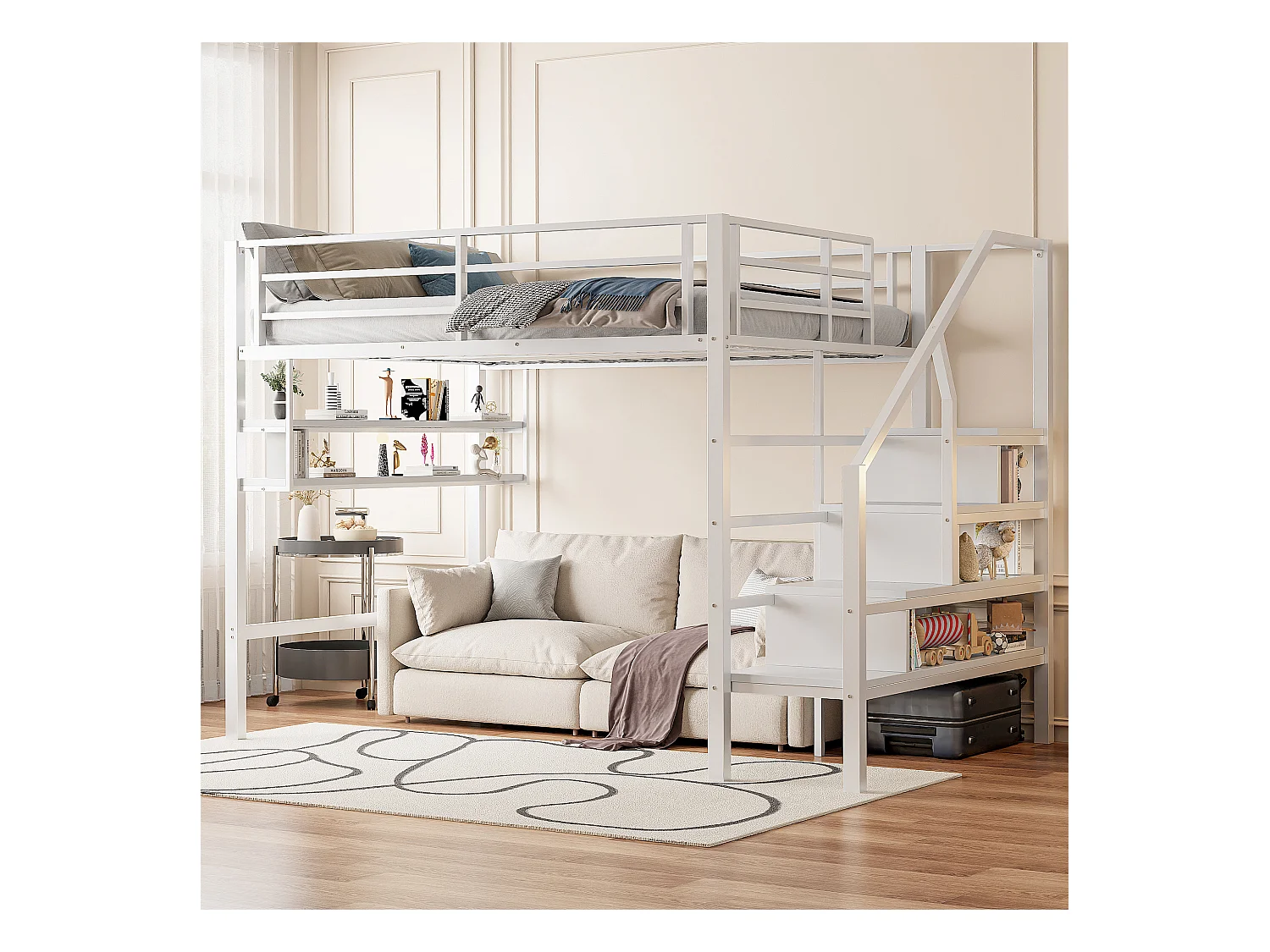 Lit mezzanine 140x200cm, métal et MDF, avec étagères de rangement, échelle de stockage et espace libre pour jeux, sans matelas, blanc (255x145x160 cm)
