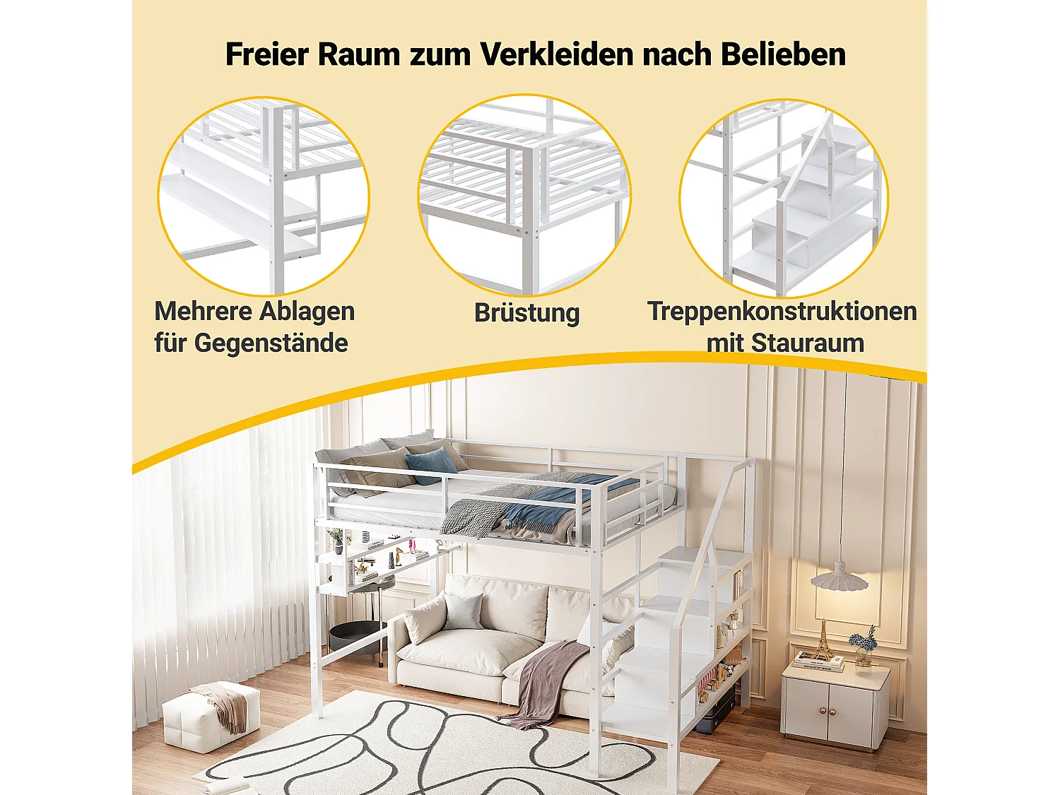Lit mezzanine 140x200cm, métal et MDF, avec étagères de rangement, échelle de stockage et espace libre pour jeux, sans matelas, blanc (255x145x160 cm)
