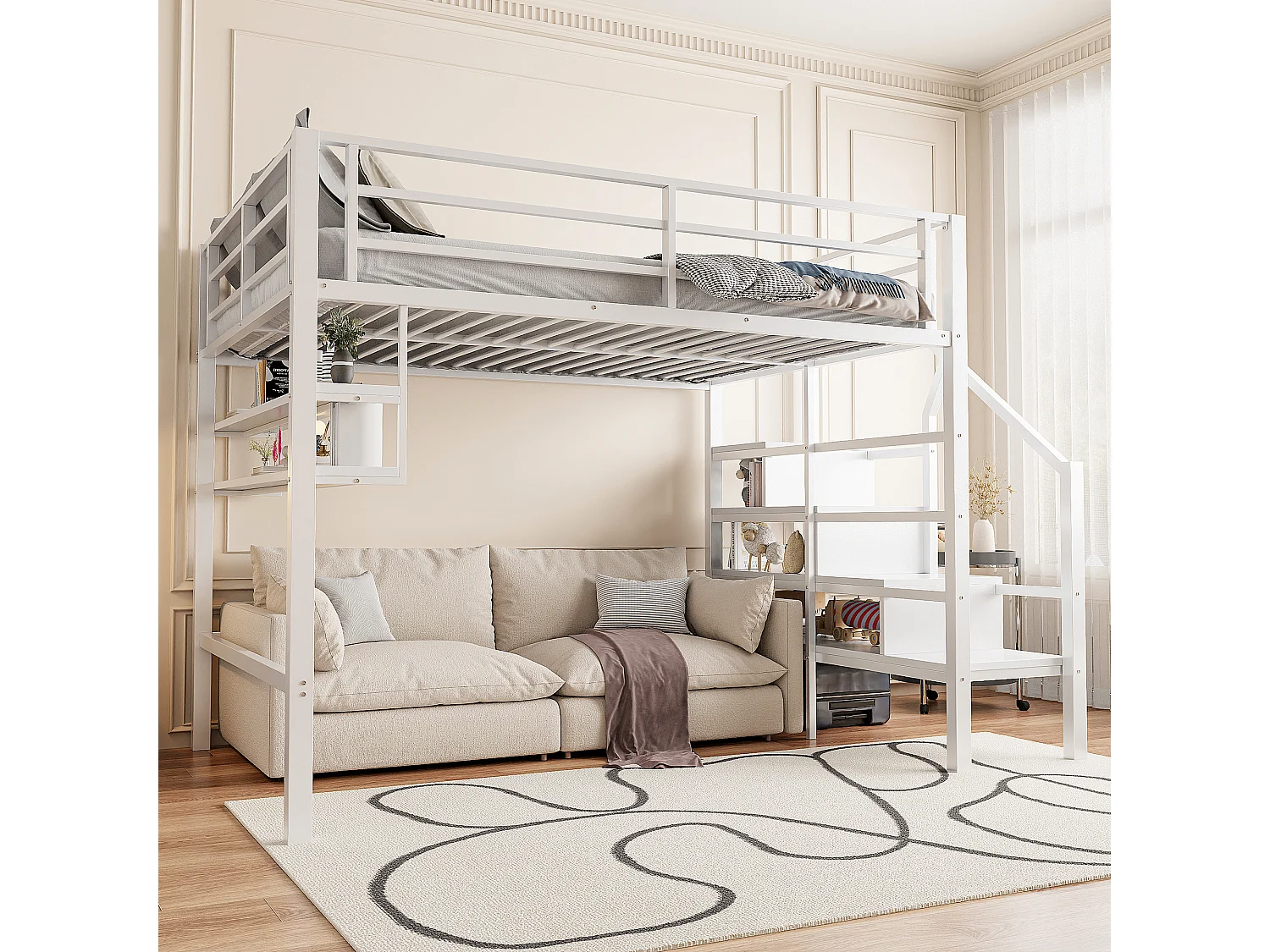 Lit mezzanine 140x200cm, métal et MDF, avec étagères de rangement, échelle de stockage et espace libre pour jeux, sans matelas, blanc (255x145x160 cm)