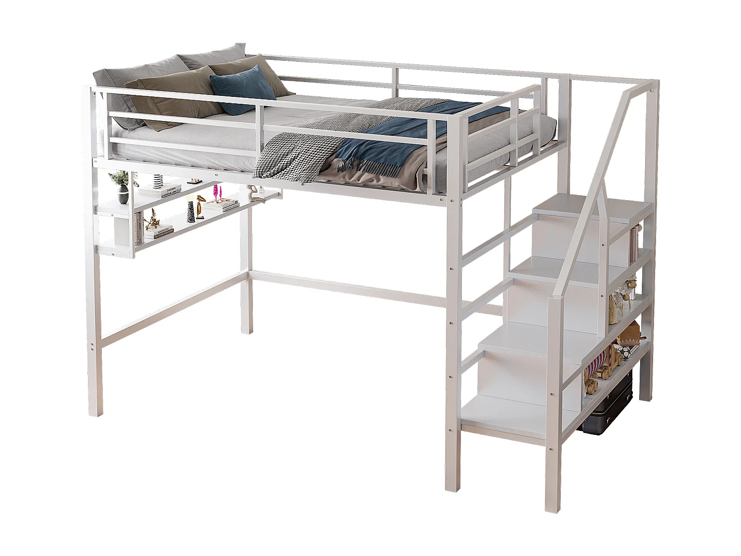 Lit mezzanine 140x200cm, métal et MDF, avec étagères de rangement, échelle de stockage et espace libre pour jeux, sans matelas, blanc (255x145x160 cm)