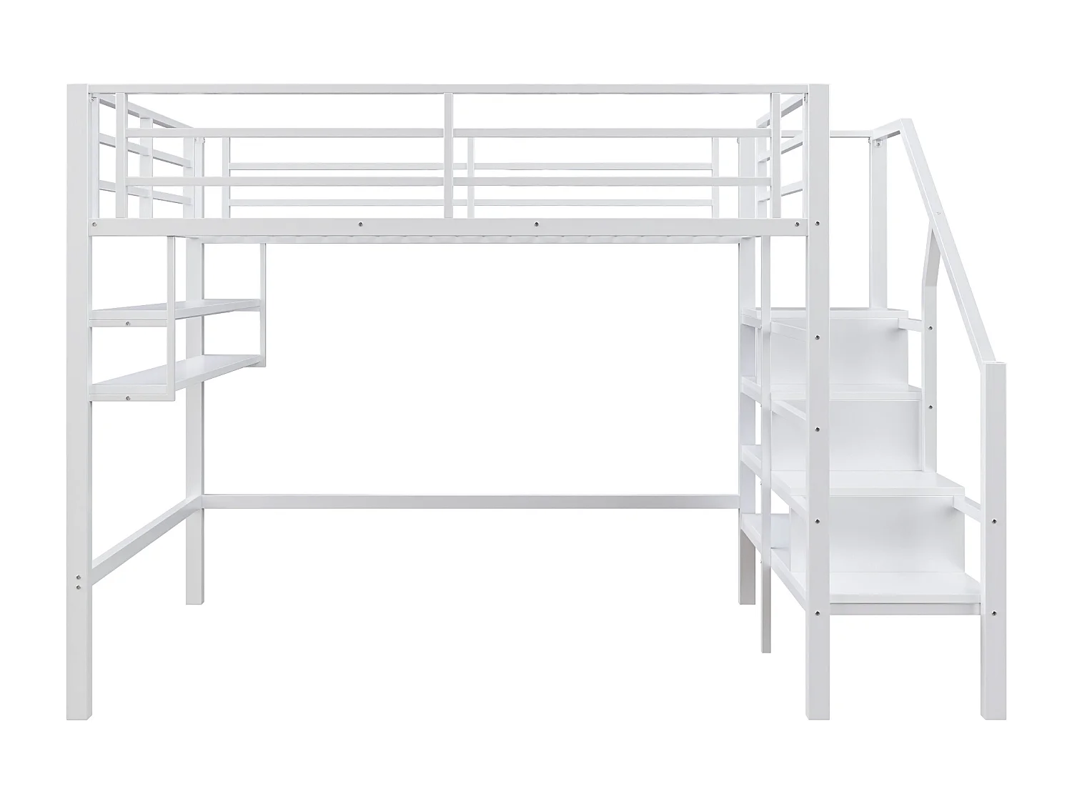 Lit mezzanine 140x200cm, métal et MDF, avec étagères de rangement, échelle de stockage et espace libre pour jeux, sans matelas, blanc (255x145x160 cm)